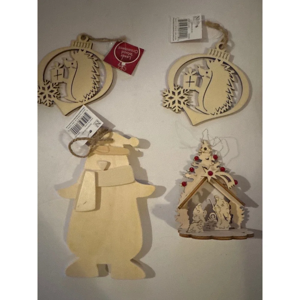 Wood Ornament Set Natural New Laser Cut Nativity Animal 4pc